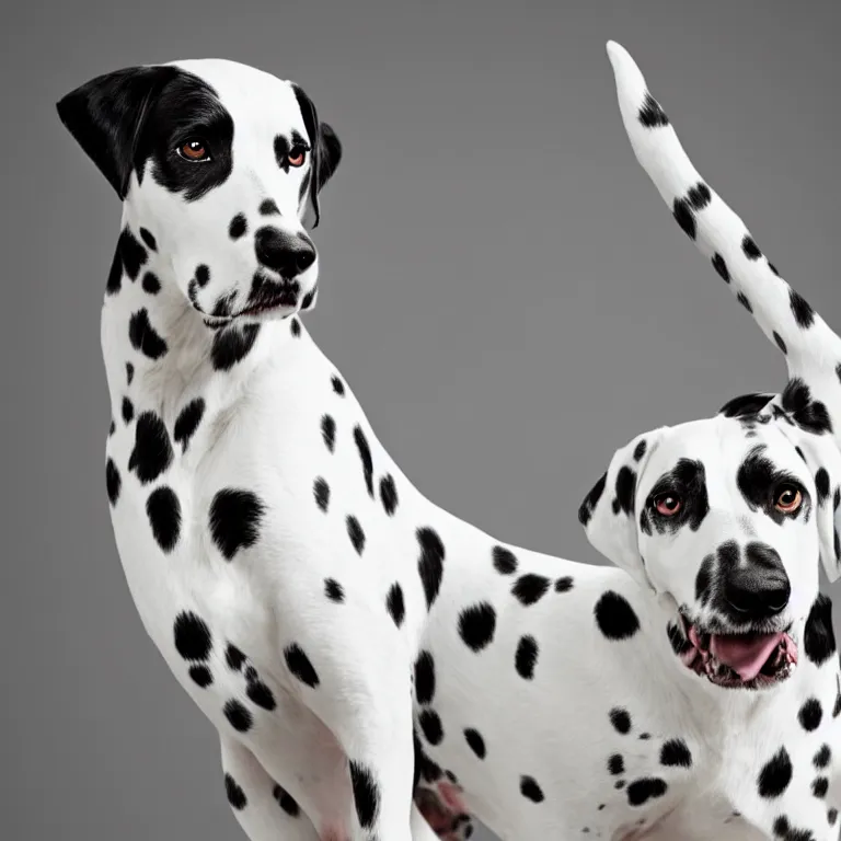 Prompt: vogue photoshoot octane render of dalmatian dog with white background, focus bright, very short depth of field, bokeh