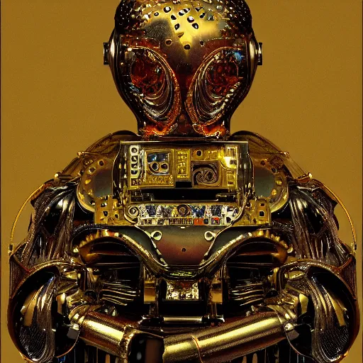 Image similar to a portrait of a shiny metallic renaissance steampunk robot, in the style of Jan van Eyck,