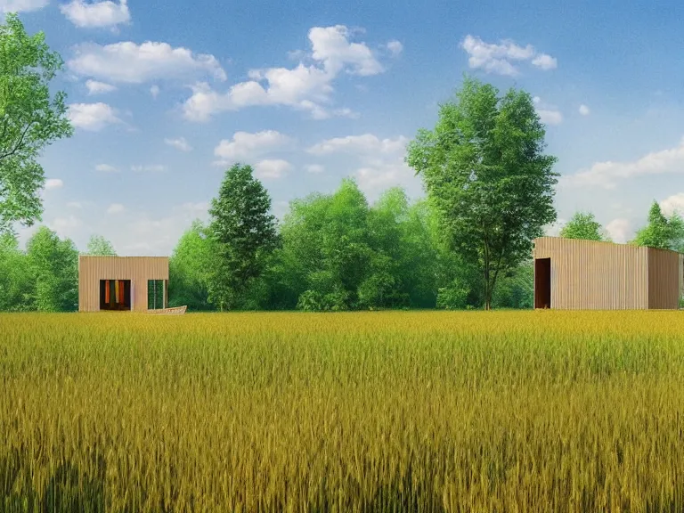 Prompt: hyperrealism design of beautiful eco house around the forest in small ukrainian village by taras shevchenko, wheat field behind the house