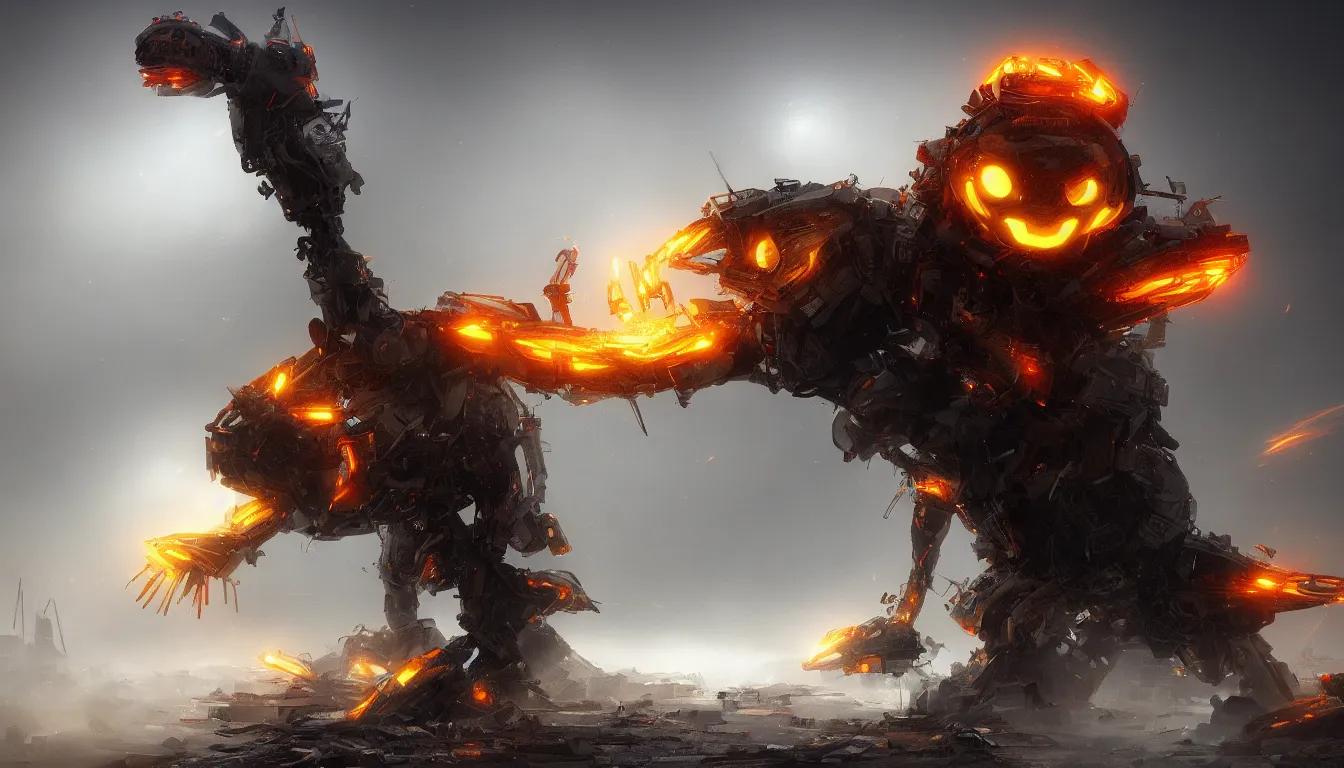 Image similar to ai limbo, gigantic robotic cat with red eyes walks in a trash heap in yellow mist, digital art, trending on artstation, 8k, epic composition, highly detailed,