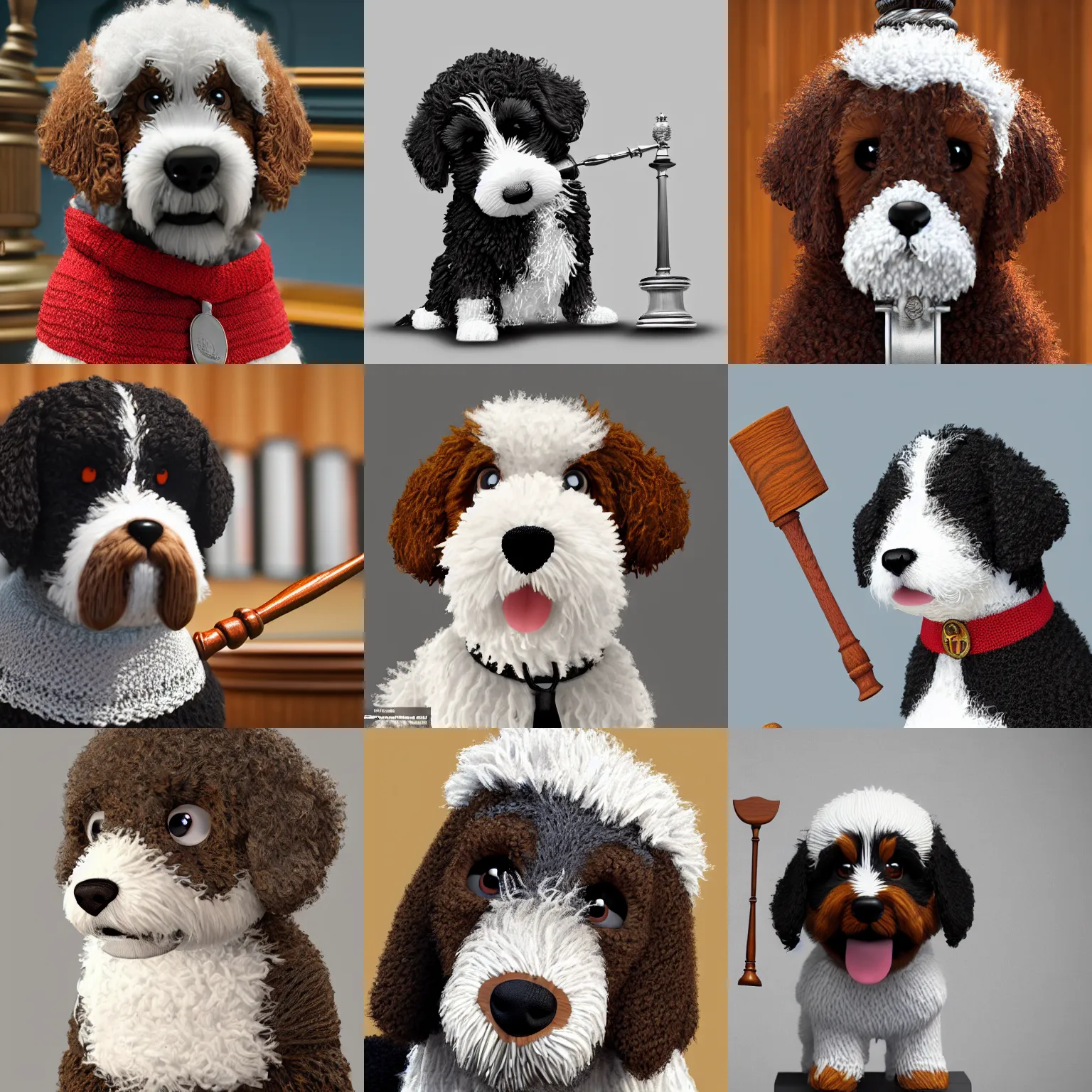 Prompt: a closeup photorealistic illustration of a knitted bernedoodle judge puppy wearing a justice gown and speaking to the courthouse. holding a gavel. this 4 k hd image is trending on artstation, featured on behance, well - rendered, extra crisp, features intricate detail, epic composition and the style of unreal engine.