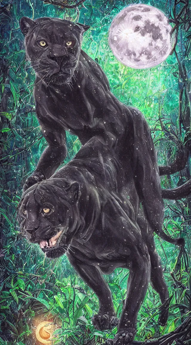 Prompt: a beautiful realistic portrait of a black jaguar in the jungle hunting at night on the lower half, a starry sky with full moon on the upper half, mysterious atmosphere, vibrant colors, ayahuasca, fantasy art style