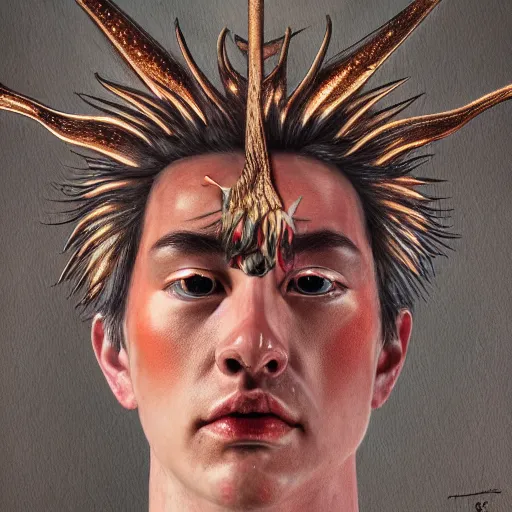 Image similar to Dramatic portraiture of Uuen, the Pictish god of stags, mixed media, trending on ArtStation, by Jim Valentino and ArtGerm and Lucian Freud, luminism