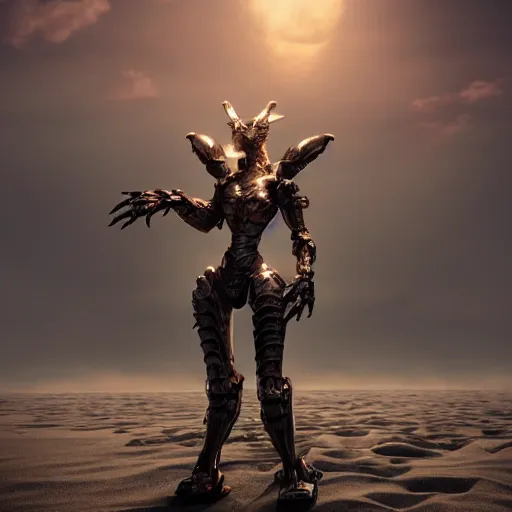 Prompt: a highly detailed beautiful majestic anthropomorphic robot female dragon, with smooth and streamlined mechanical armor, standing and posing elegantly on a beach, well detailed head with LED eyes, with sharp claws on her hands and feet, two arms, two legs, long tail, artstation, DeviantArt, professional, octane render, sunset lighting