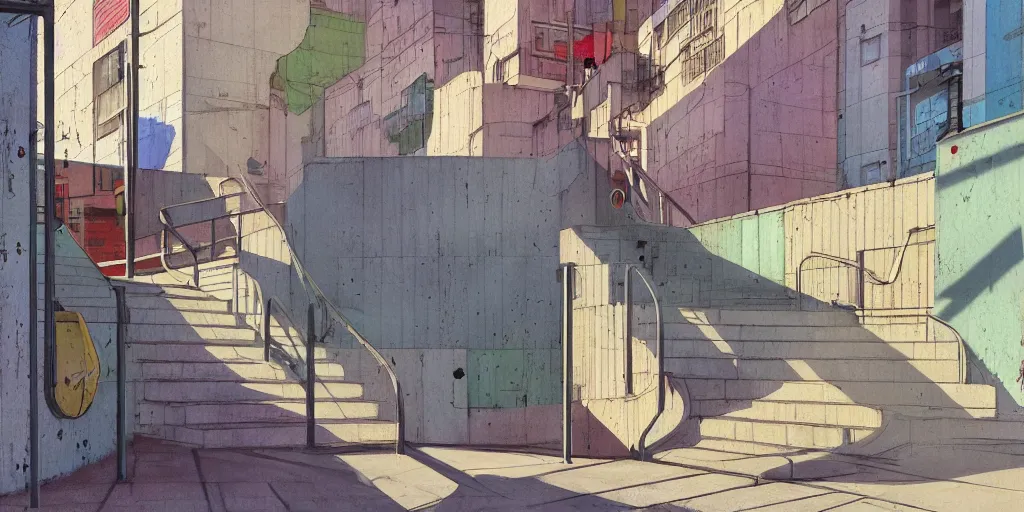 Image similar to neo brutralism, concrete housing, a long stairway going up, concept art, colorful, vivid colors, sunshine, light, shadows, reflections, oilpainting, cinematic, 3D, in the style of Akihiko Yoshida and Edward Hopper