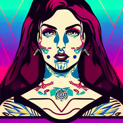 Image similar to a portrait of tattooed slavic woman in retro colors, synthwave style, 2 d digital vector art