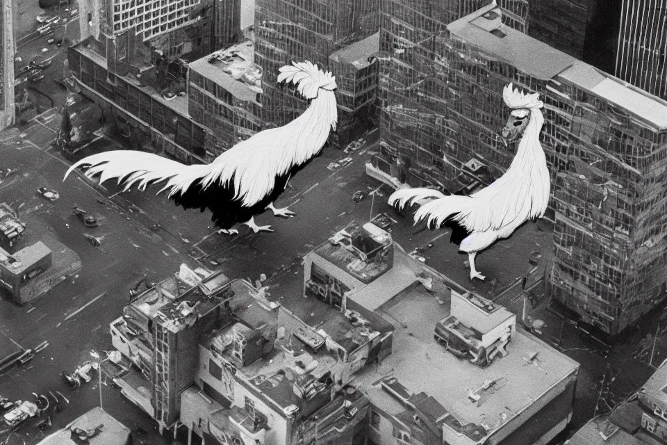 Prompt: still image taken from sci fi horror movie of a giant rooster fights an alien monster in the city. aerial shot, 1 9 8 0 s polaroid photo - journalism flash photography. 1 9 7 0.