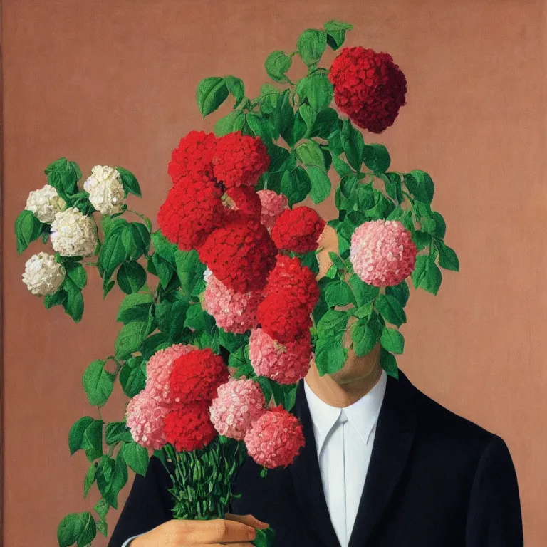 Image similar to portrait of a man, face hidden by beautiful flower bouquet, by rene magritte, detailed painting, hd, hq, high resolution, high detail, 4 k, 8 k