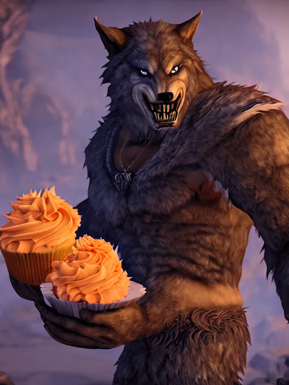 Image similar to cute handsome cuddly burly surly relaxed calm timid werewolf from van helsing holding a delicious cupcake with orange frosting in a candy shop sweet unreal engine hyperreallistic render 8k character concept art masterpiece screenshot from the video game the Elder Scrolls V: Skyrim