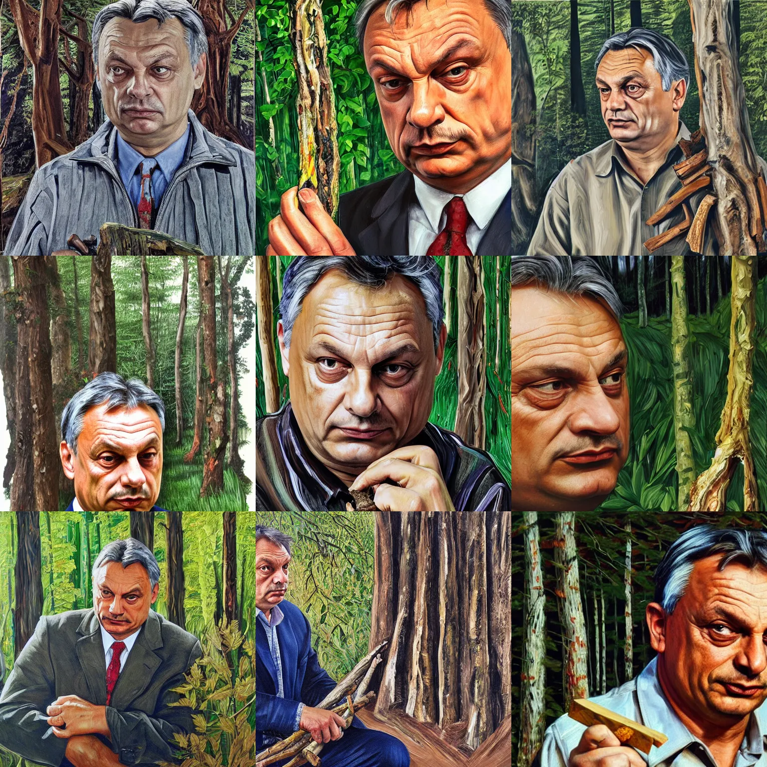 Prompt: viktor orban in a forest, highly detailed face, holding a wood piece, painting by lucian freud, hd, photorealistic lighting