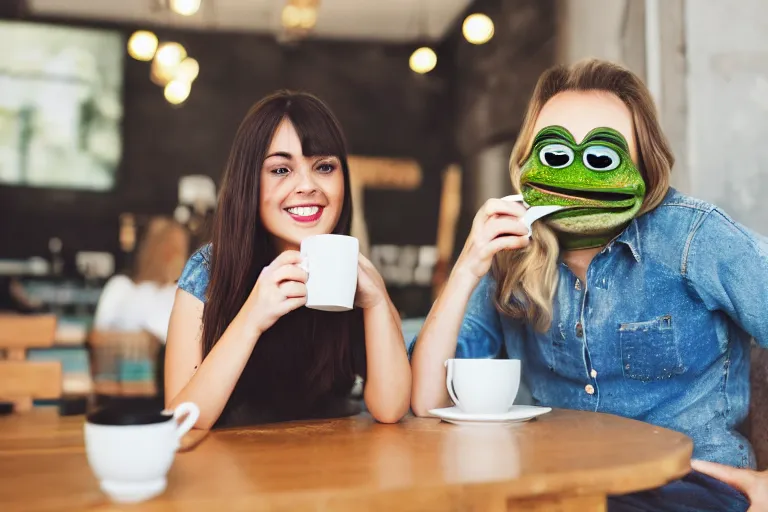 Image similar to girl drinking coffee with pepe the frog in a cafe, studio photo