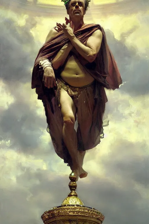 Image similar to beautiful expressive oil painting portrait of ancient roman god emperor steve buscemi ascending wearing the civic crown levitating in religious pose, art by anders zorn, wonderful masterpiece by greg rutkowski, beautiful cinematic light, american romanticism by greg manchess, jessica rossier