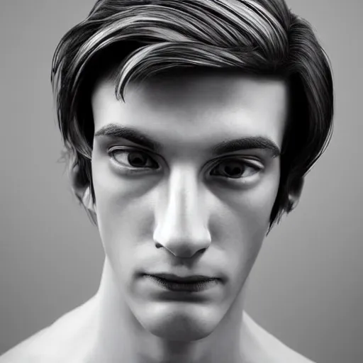 Image similar to “a realistic detailed photo of a guy who is an attractive humanoid who is half robot and half humanoid, who is a male android, twitch streamer and youtuber Ludwig Ahgren, shiny skin, posing like a statue, blank stare”