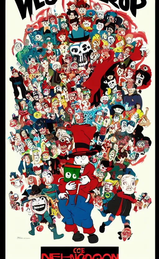 Image similar to cursed with necronomicon horrorcore cel animation poster depicting gory waldo eating the deceased power puff girls, intricate faces, metropolis, 1 9 5 0 s movie poster, post - processing, vector art