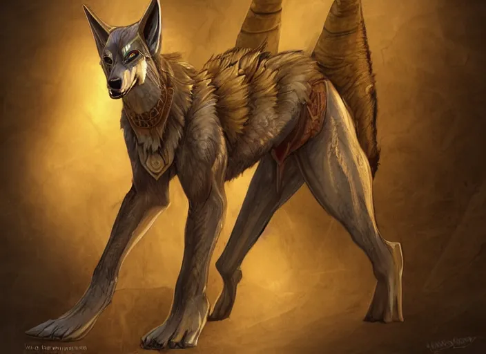 Image similar to award winning concept art fullbody egyptian wolf anubis character design of a egyptian anubis monster wolf. egyptian wolf deviantart adoptable, deviantart species style of maple story and rossdraws, artgerm, studio lighting by jessica rossier and brian froud, traditional, artstationhd artstation, disney, hq textures