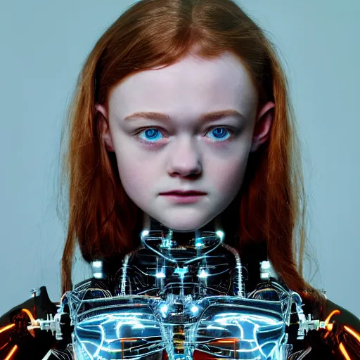 Prompt: beautiful centered Fine art photo portrait of intrigued Sadie Sink as a solarpunk robotic humanoid, white mechanical parts with led lights, photorealistic, white background, highly detailed and intricate, sunset lighting, HDR 8k