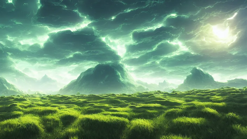 Image similar to green exploding shadow in the sky above a flat maze, waves of energy, by sylvain sarrailh, rossdraws, ambient light, ultra detailed, fantasy artwork, 8 k, volumetric lighting, trending on artstation, award winning, very beautiful.