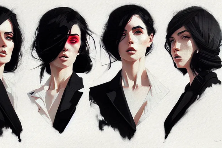 Image similar to a ultradetailed portrait painting of three women in black suits, by conrad roset, greg rutkowski and makoto shinkai trending on artstation