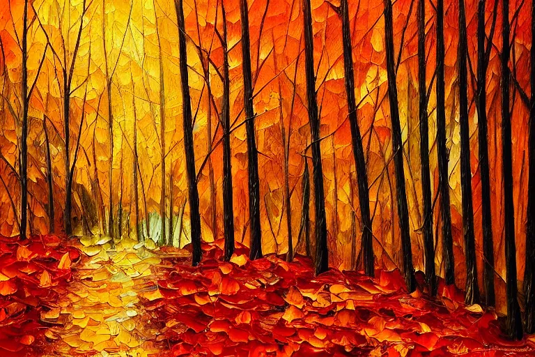 Image similar to oil painting of a forest in autumn, leafs falling, dramatic lighting, colorful, autumn colors