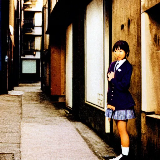 Image similar to 1990s perfect 8K HD professional cinematic photo of a japanese schoolgirl, in sci-fi alleyway at evening, at instagram, Behance, Adobe Lightroom, with instagram filters, depth of field, taken with polaroid kodak portra