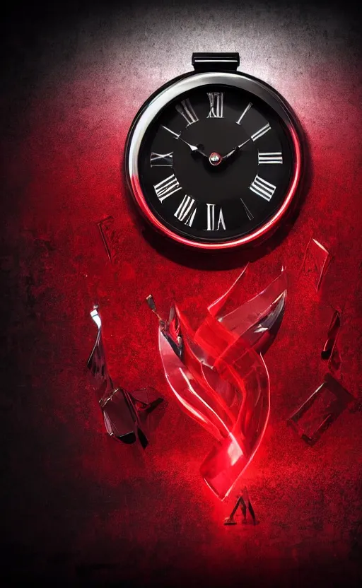 Image similar to a melting Roman numeral clock, behind a red and black gradient background, awith a black heart shaped on the top left corner and a black diamond card shape in the bottom right corner, dynamic lighting, photorealistic fantasy concept art, trending on art station, stunning visuals, cinematic, creative, ultra detailed