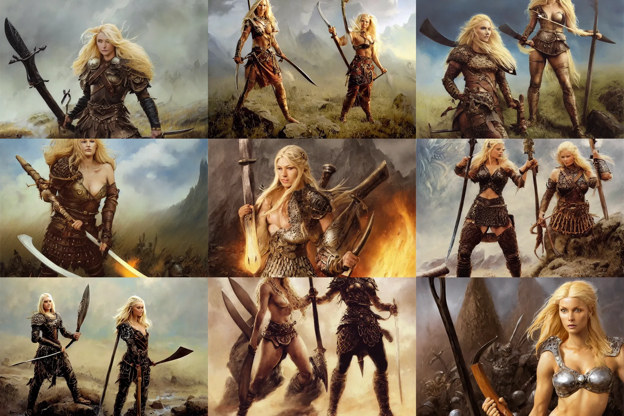 Prompt: An oil painting of a beautiful blonde viking woman posing with an axe on a smoldering battlefield, dragon scale armor, very aesthetic, detailed face, by Frank Frazetta, Greg Rutkowski, Boris Vallejo, Neal Hanson, Christian MacNevin, epic fantasy character art, goddess of war, goddess of anger, high fantasy, full length, exquisite detail, post-processing, low angle, masterpiece, cinematic, colossal dragon in background