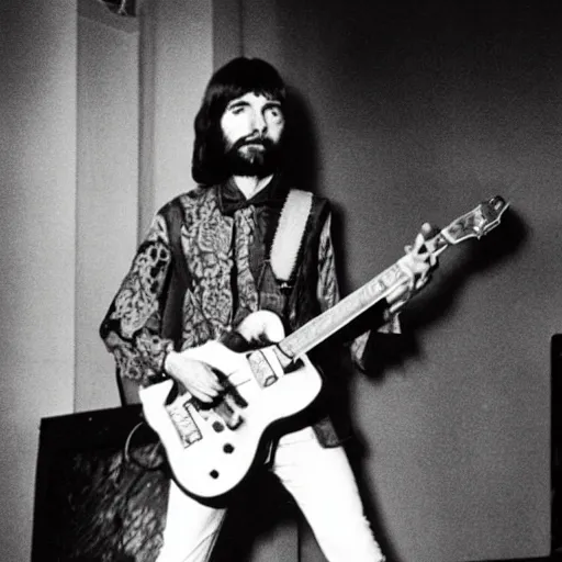 Prompt: charles manson playing dual neck guitar with the beatles, black and white, high quality photography, realistic, detailed, uncropped, realistic face,