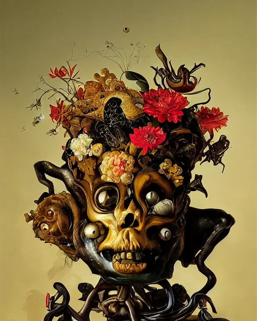 Image similar to refined gorgeous blended oil painting with black background by christian rex van minnen rachel ruysch dali todd schorr of a chiaroscuro portrait of an extremely bizarre disturbing mutated man made of still life flowers and rubber insects with shiny skin acne dutch golden age vanitas intense chiaroscuro cast shadows obscuring features dramatic lighting perfect symmetry perfect composition masterpiece