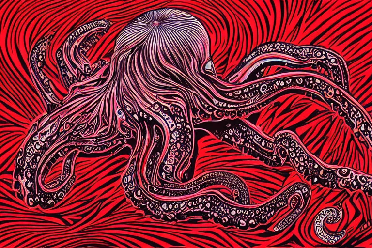 Prompt: digital art of a ominous red octopus in the deep sea alone by alex grey, (arcylic), ((synthwave)),