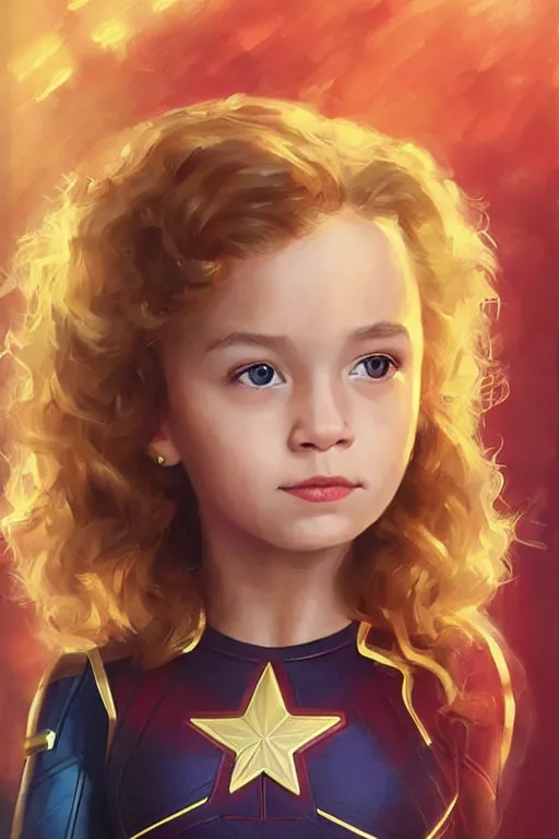 Image similar to a little girl with a michievous face and wavy curly light brown hair. she is dressed as captain marvel, a superhero. clean elegant painting, beautiful detailed face. by artgerm and greg rutkowski