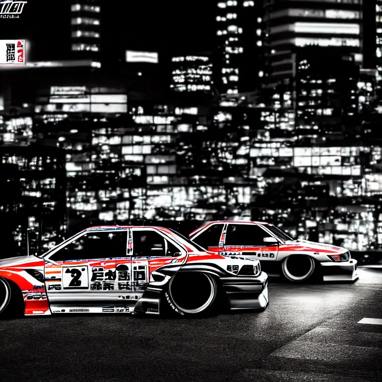 Image similar to a car JDM Drift illegal meeting, detailed-wheels, Shibuya prefecture, cinematic lighting, photorealistic, highly detailed, night photography