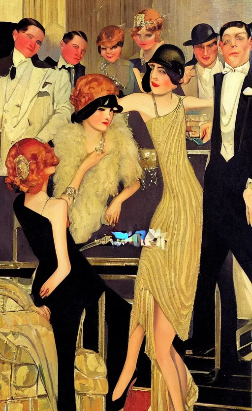 Prompt: an oil painting depicting high society life in the Jazz Age, Fitzgerald, 1920s style, The Great Gatsby, smooth, by Francis Coates Jones, Coles Phillips, Dean Cornwell, JC Leyendecker