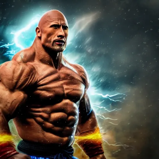 Image similar to photorealistic full shot of Dwayne Johnson as a warrior style goku super saiyan at moonlight, snowing, lightning bolt, high detail, unreal engine 4k volumetric light, fog,