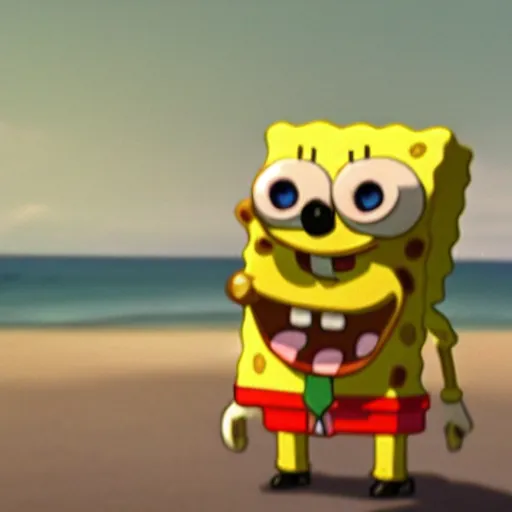 Prompt: blurry low-resolution photo of Spongebob in the distance