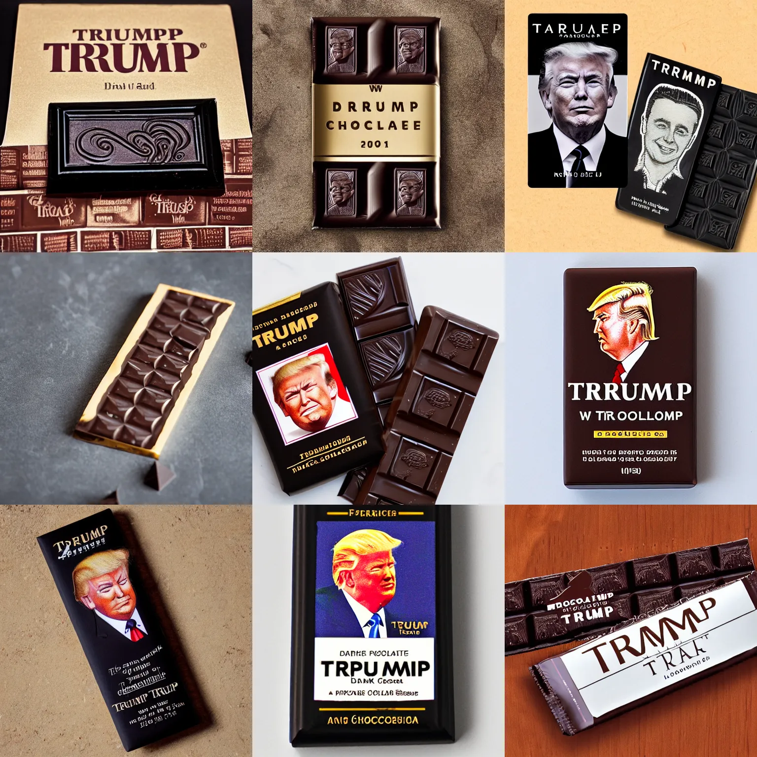 Prompt: dark chocolate bar with a line engraving portrait of trump