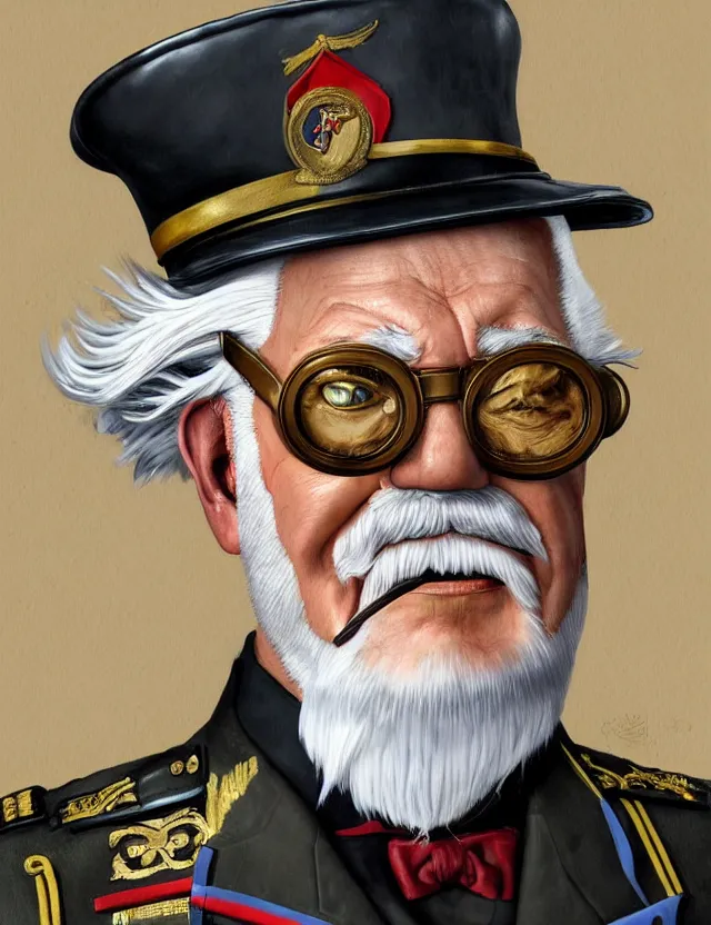 Image similar to a portrait of colonel sanders wearing a military uniform and an eyepatch, by moebius and tyler edlin and hr giger, trending on artstation, digital art, 4 k resolution, detailed, high quality, sharp focus, hq artwork, coherent, insane detail, concept art