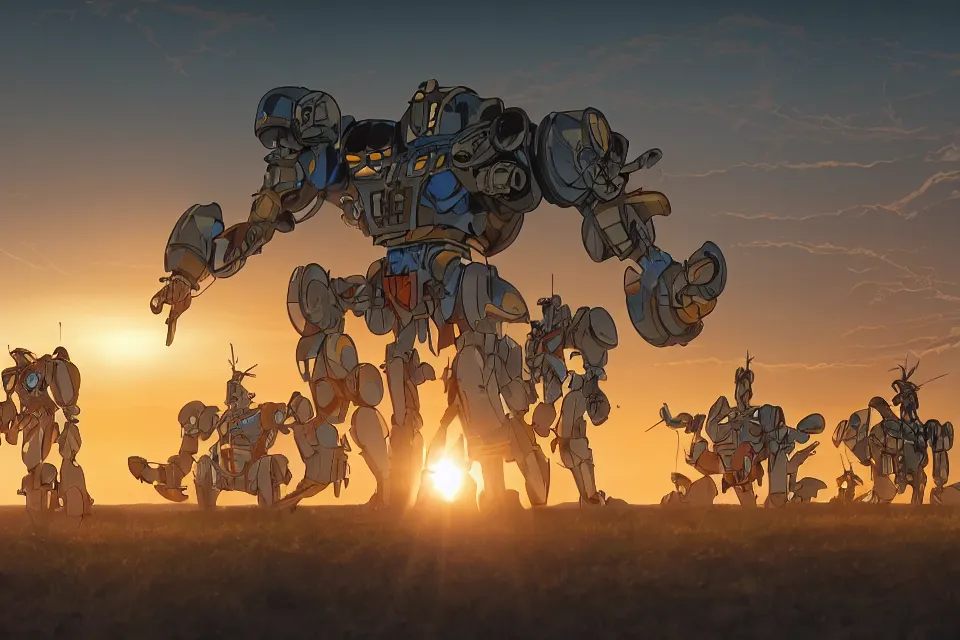 Prompt: Ralph Bakshi Style Micronauts Cartoon With Mecha Designs By Syd Mead, battle near a lakeside, sunrise, octane render, 8K, HDR, volumetric lighting, hyperrealistic