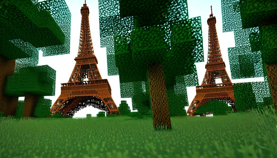 Prompt: minecraft screenshot of the eiffel tower in the middle of a forest, bokeh, high quality, promotional photograph, enb, godrays, ultra render, anti aliasing, post processing