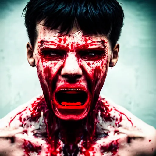 Image similar to portrait of a cybernetic madman, blood flowing from eyes, screaming directly at camera, portrait photography, 4k, cyberpunk, 50mm lens,