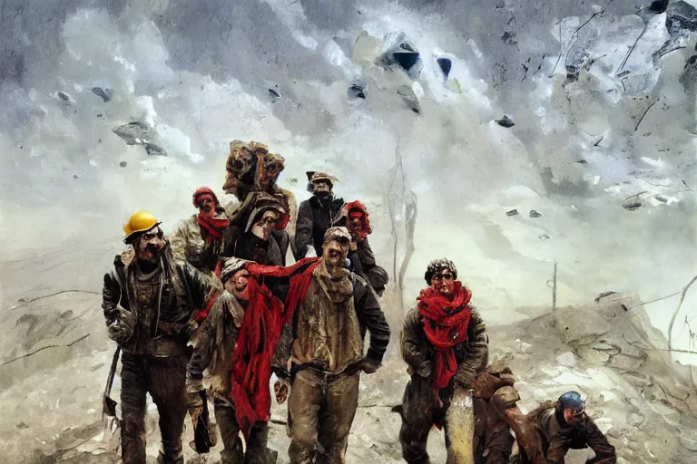 Image similar to intense dramatic still of a ragtag group of miners!!!! and factory workers with improvised weapons and pistols and red scarves around their necks, on the surface of an asteroid, outside of a high tech scifi industrial building, medium shot, oil painting by charles frederic ulrich, pablo olivera, normal rockwell, greg rutkowski, trending on artstation, incredible detail