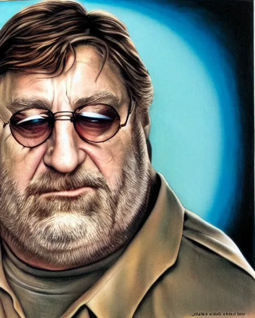 Prompt: john goodman in the big lebowski, airbrush, drew struzan illustration art, key art, movie poster