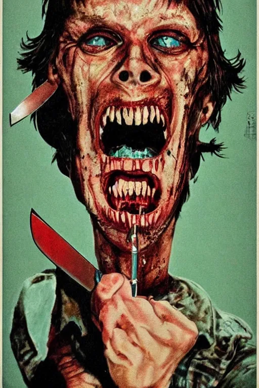 Image similar to realistic portrait of a psycho with a knife on a 1 9 7 0 s horror movie poster, vintage 7 0 s print, detailed, scary, horror, screen print, trending on artstation