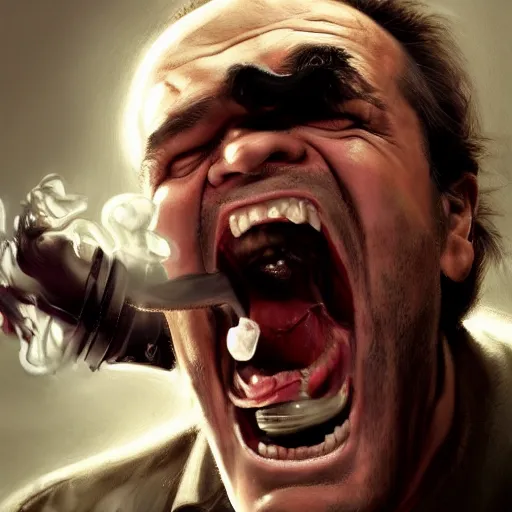 Image similar to Jack Nicholson Screaming as he is breaking out of the TV, highly detailed, excellent composition, cinematic concept art, dramatic lighting, trending on ArtStation