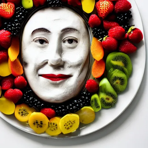 Prompt: beautiful photo a face made of fruit pieces, on a white plate, dslr