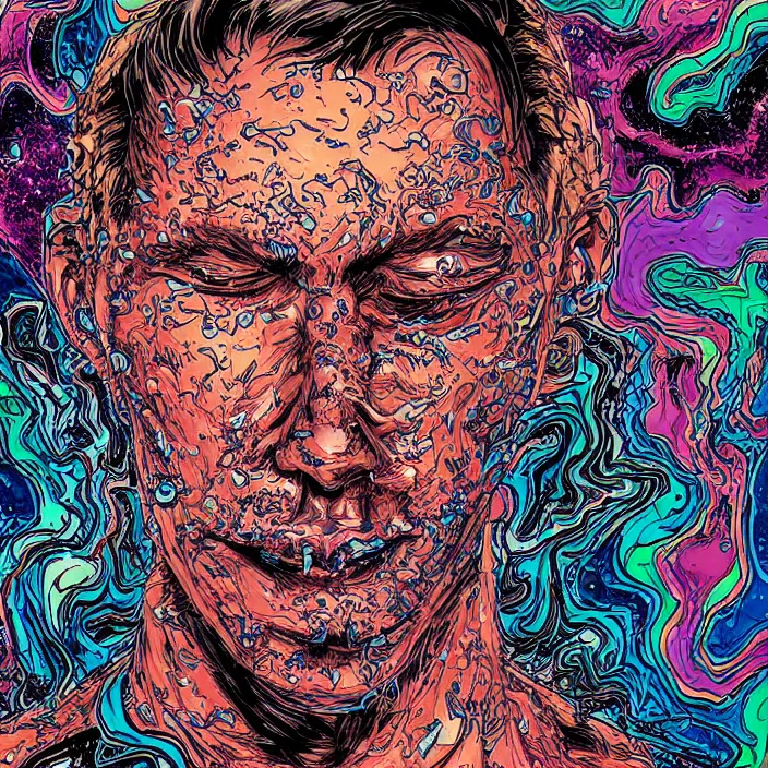 Image similar to trippy comic book artwork of a man's face exploding into particles of sand, very detailed, 8k