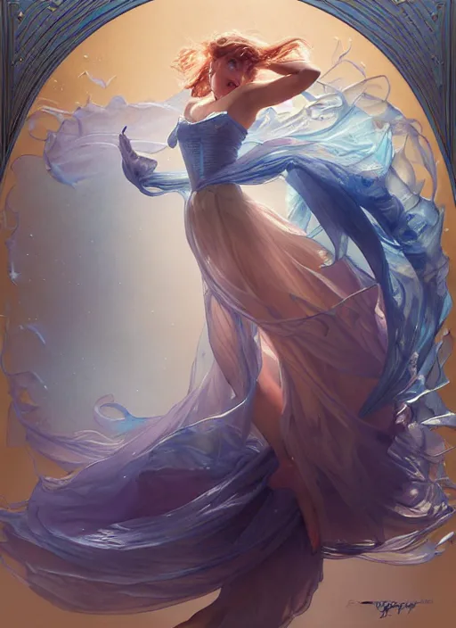 Prompt: cinderella, blue, splash aura in motion, floating pieces, painted art by tsuyoshi nagano, greg rutkowski, artgerm, alphonse mucha, spike painting