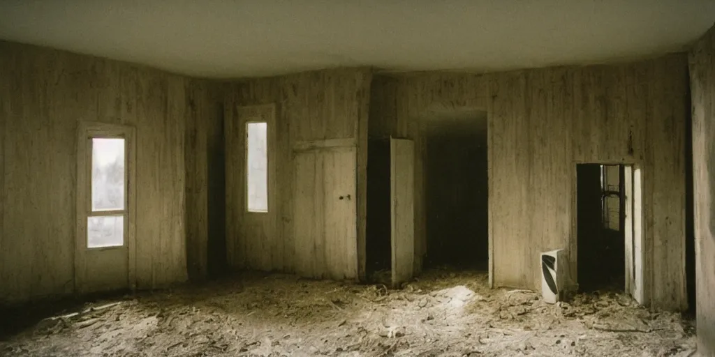 Image similar to interior of a house built on nothing, eerie vibe, leica, 2 4 mm lens, cinematic screenshot from the 2 0 0 1 surrealist film directed by charlie kaufman, kodak color film stock, f / 2 2, 2 4 mm wide angle anamorphic