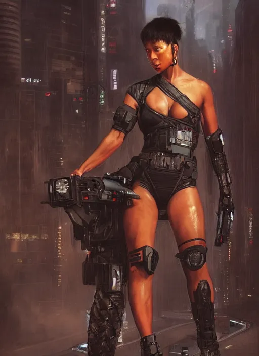 Prompt: black chun li. cyberpunk blackops hacker in a military vest ( blade runner 2 0 4 9, cyberpunk 2 0 7 7 ). orientalist portrait by john william waterhouse and james gurney and theodore ralli and nasreddine dinet, oil on canvas. cinematic, hyper realism, realistic proportions, dramatic lighting, high detail 4 k