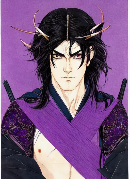 Image similar to half body portrait of a handsome brunette male elven warrior in black and purple. detailed, wearing kimono armour, by conrad roset, takato yomamoto, jesper ejsing, masamune shiro