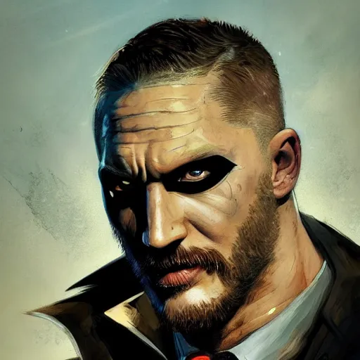 Image similar to closeup portrait of tom hardy as batman, city background, dramatic light, gorgeous view, depth, high detail, digital art, painted by greg rutkowski, trending on artstation